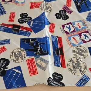 CHANEL Silk Scarf with Blue, Red, and Black Accents